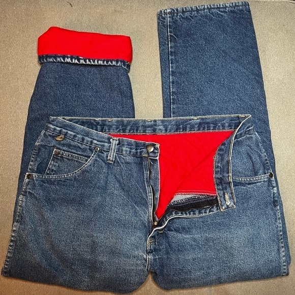 Wrangler Thermal Jeans Mens 36x30 Blue Rugged Wear Denim Red Lining insulated - Picture 1 of 14